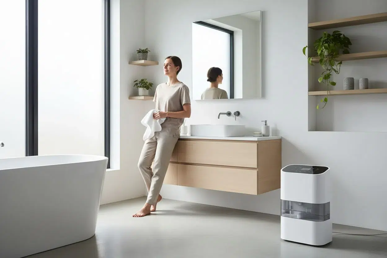 Deshumidificador en baño sin ventana eliminando humedad y condensación
