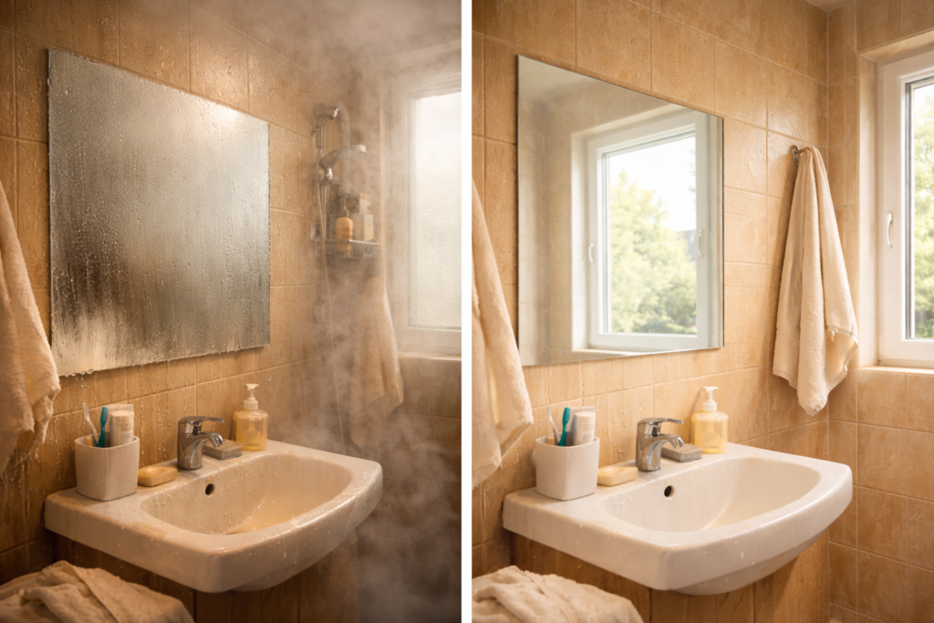 comparación baño con humedad y baño seco después de usar deshumidificador