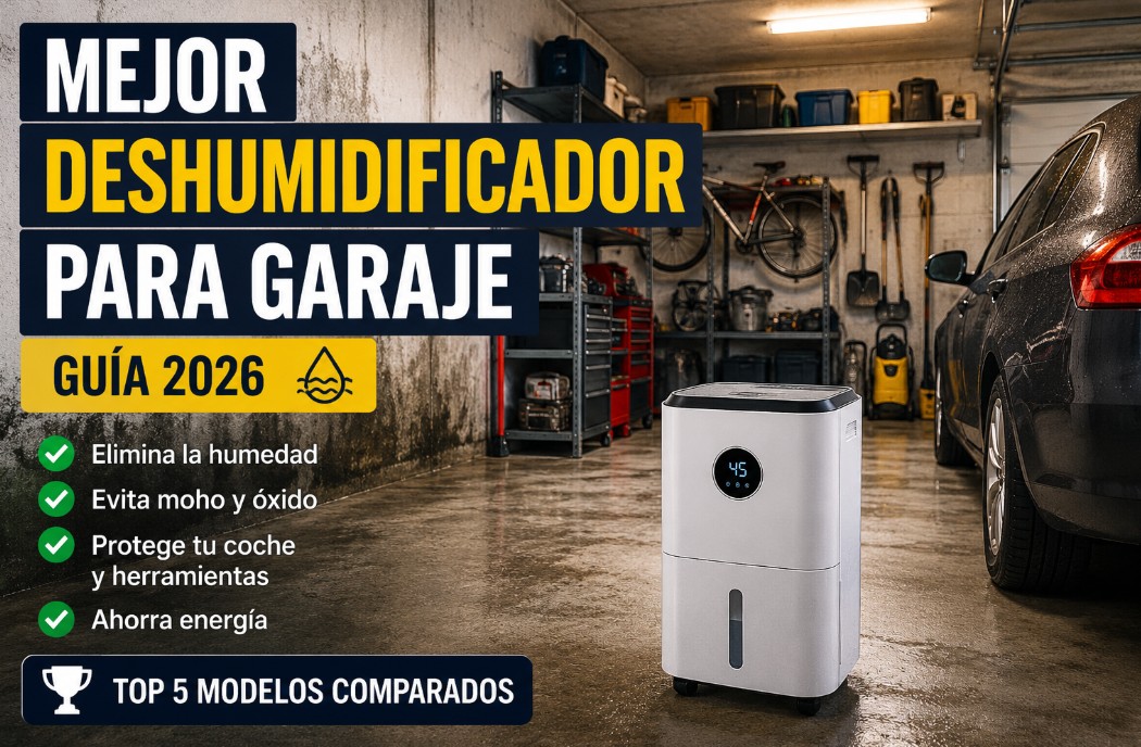 Deshumidificador en un garaje eliminando humedad para proteger coche, herramientas y paredes contra moho y condensación